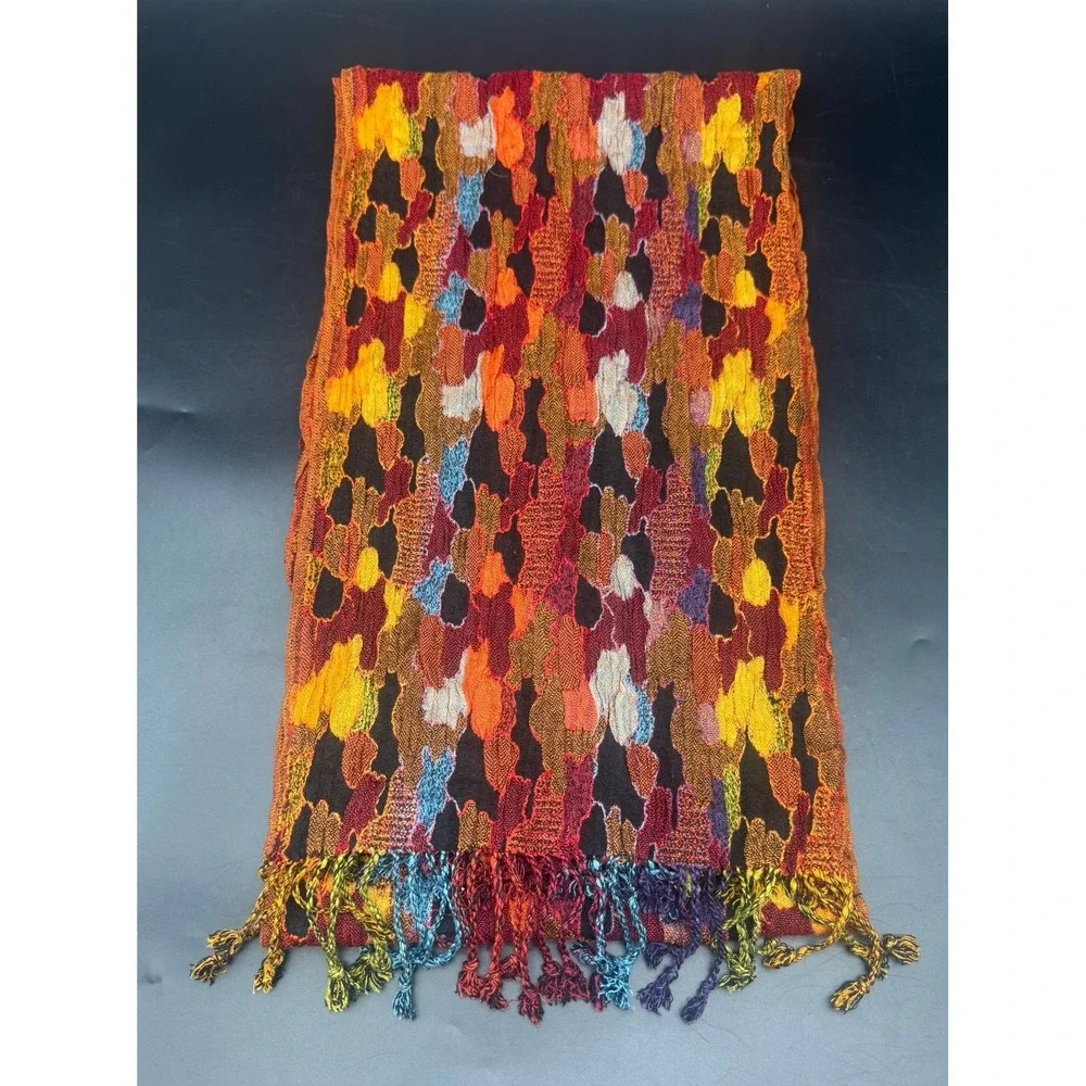 Rapti Colorful Reversible Oblong Silk Blend Scarf Twisted Fringe 80